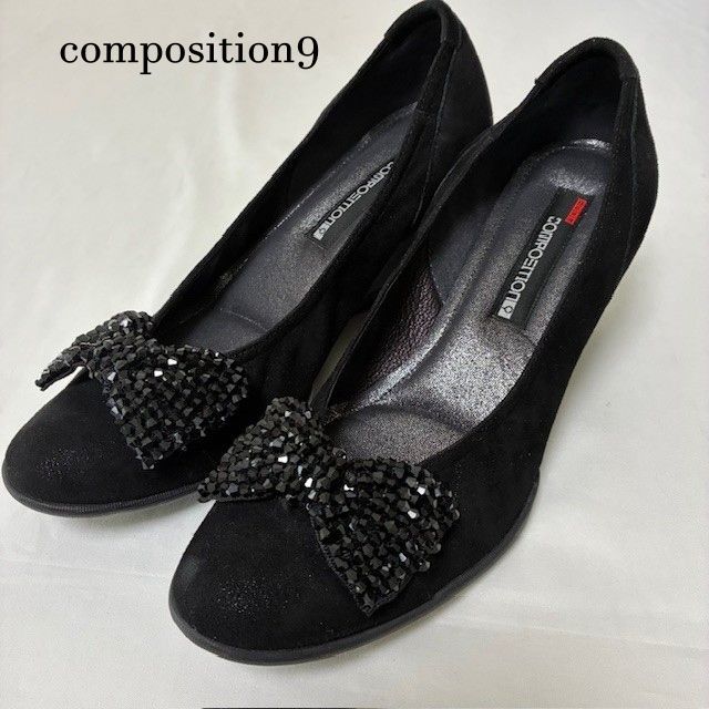 composition9 ブラックウェッジソール ビジューリボンパンプス23.5 composition9 コンポジションナイン ビジューリボン ウェッジソール