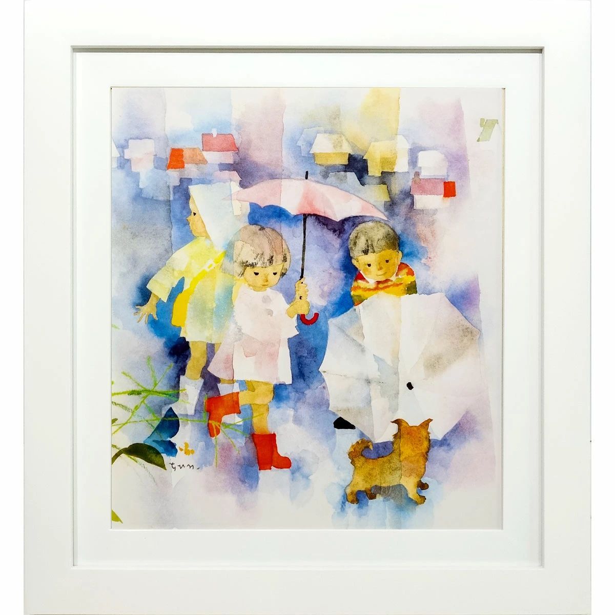 いわさきちひろ 額装色紙 複製画 12点まとめて 童画 水彩画 R8SB437 いわさきちひろ 「小犬と雨の日の子どもたち」 色紙額 額付き 複製画