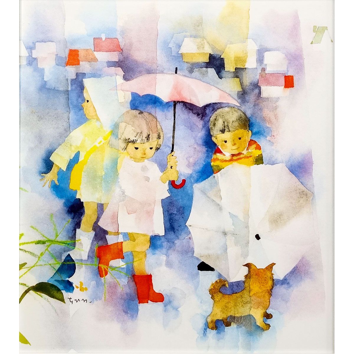 いわさきちひろ 「小犬と雨の日の子どもたち」 色紙額 額付き 複製画