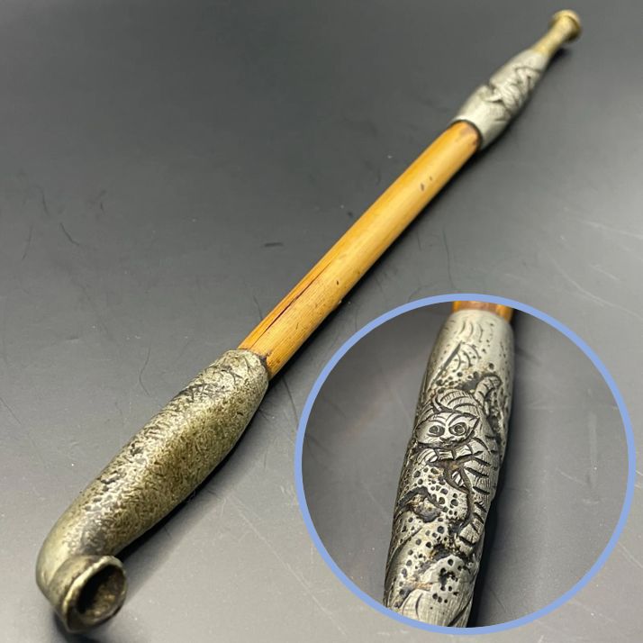 刻印あり】時代煙管 45.53g 重厚 彫金 金彩色 明治大正 刀装具職人技