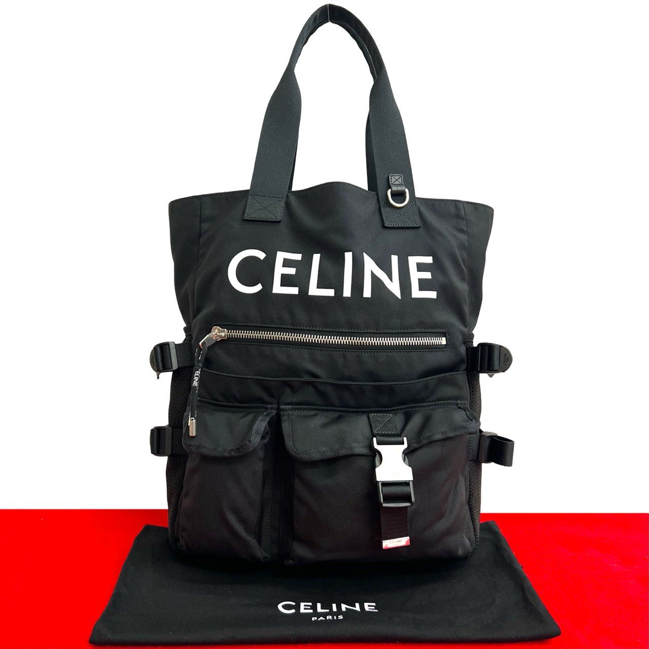 未使用保管品 希少品 袋付き CELINE セリーヌ ロゴ プリント ナイロン トートバッグ ハンドバッグ セミ ショルダーバッグ ブラック 06909 未使用保管品 希少品 袋付き CELINE セリーヌ ロゴ プリント ナイロン