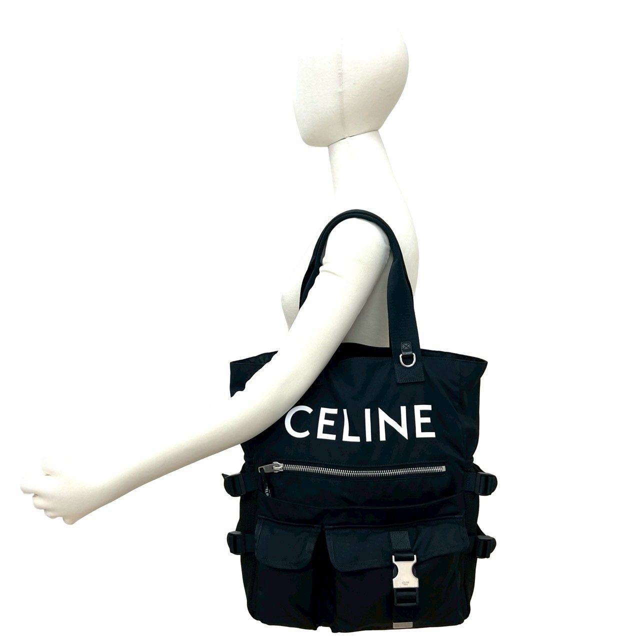 未使用保管品 希少品 袋付き CELINE セリーヌ ロゴ プリント ナイロン トートバッグ ハンドバッグ セミ ショルダーバッグ ブラック 06909 未使用保管品 希少品 袋付き CELINE セリーヌ ロゴ プリント ナイロン