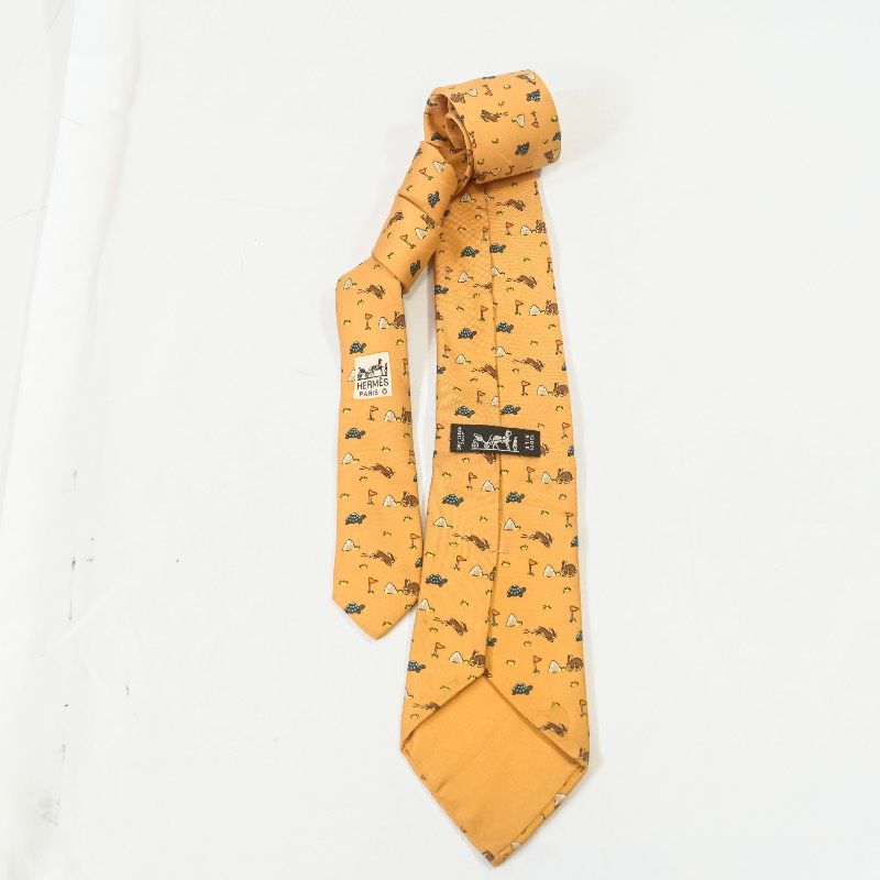 HERMES エルメス ネクタイ シルク100% 総柄 ウサギ 亀 うさぎとかめ
