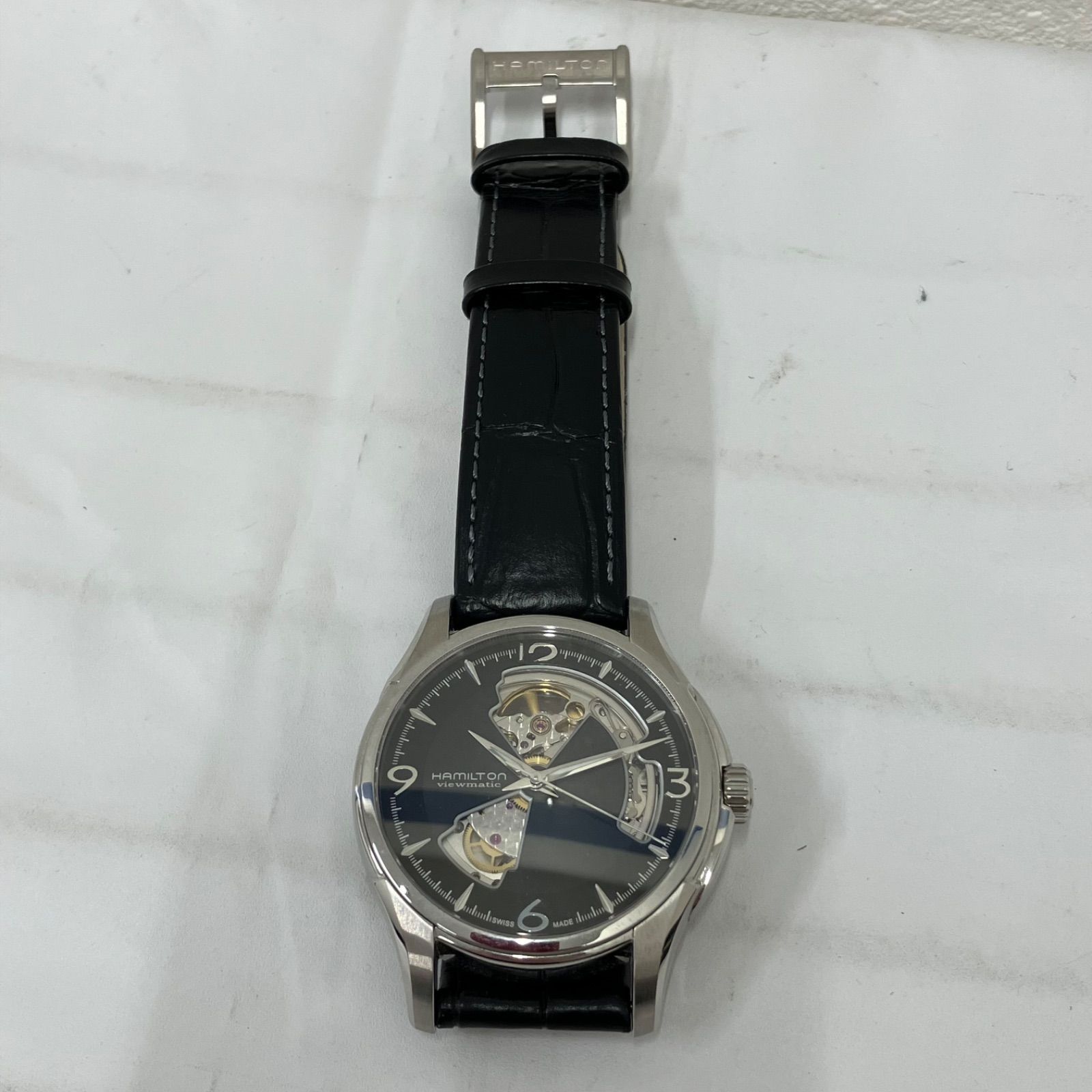  D9672 Hamilton ハミルトン ジャズマスター 自動巻き H325651 シルバーカラー × ブラック レザーベルト 型押し 腕時計 メンズ 動作 済み ネイビー系 自動巻き時計 腕時計(アナログ)