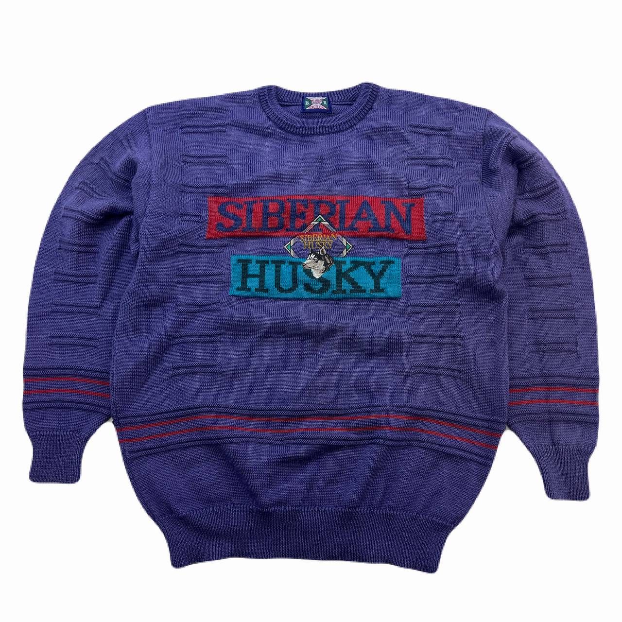 キングスロード ニットセーター メンズ 3Lサイズ ライトパープル ウール シベリアンハスキー 刺繍