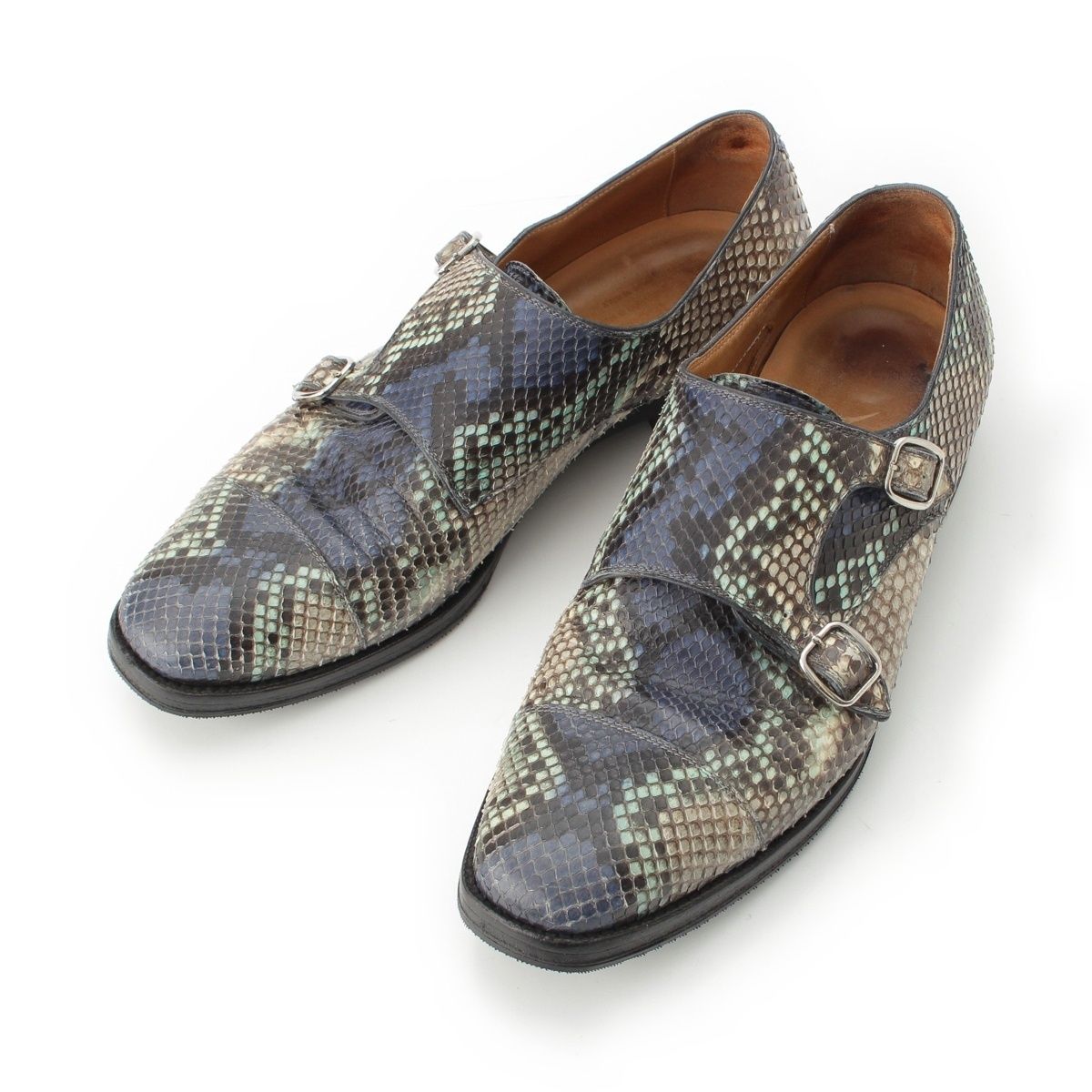 F.LLI GIACOMETTI フラテッリ ジャコメッティ パイソン Verde ペインテッド PITONE NAIF BLU ダブルモンク シューズ FG502 ブルー系 41【中古】 F.LLI GIACOMETTI フラテッリ ジャコメッティ パイソン Verde ペイン