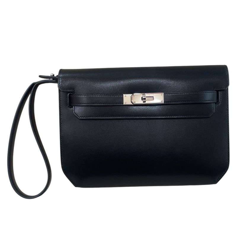エルメス HERMES ケリー･デベッシュクラッチ W刻印 ブラック/シルバー金具 ボックスカーフ メンズ クラッチバッグ