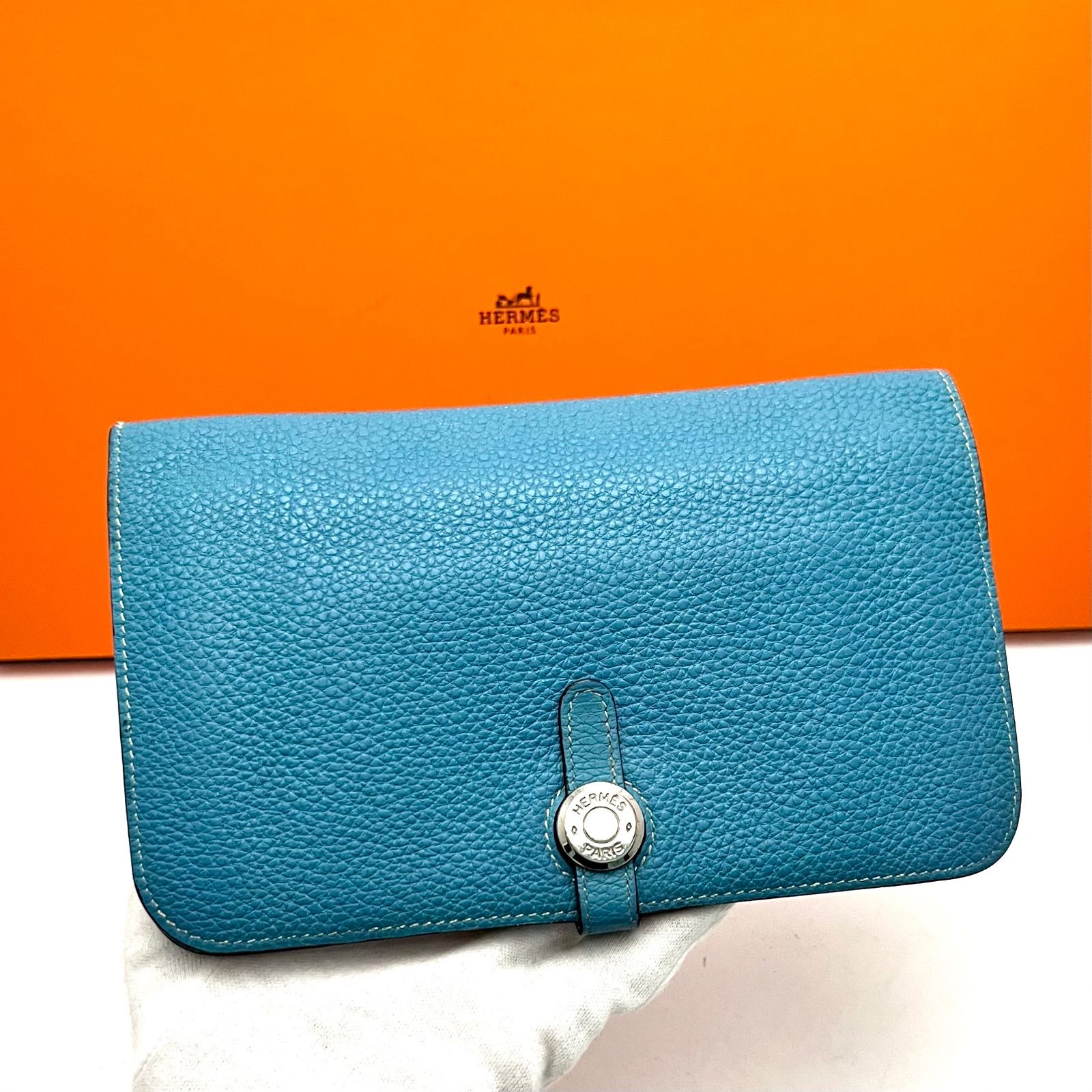 エルメスドゴンデュオ 人気カラー ブルージーン シルバー金具 財布 長 
