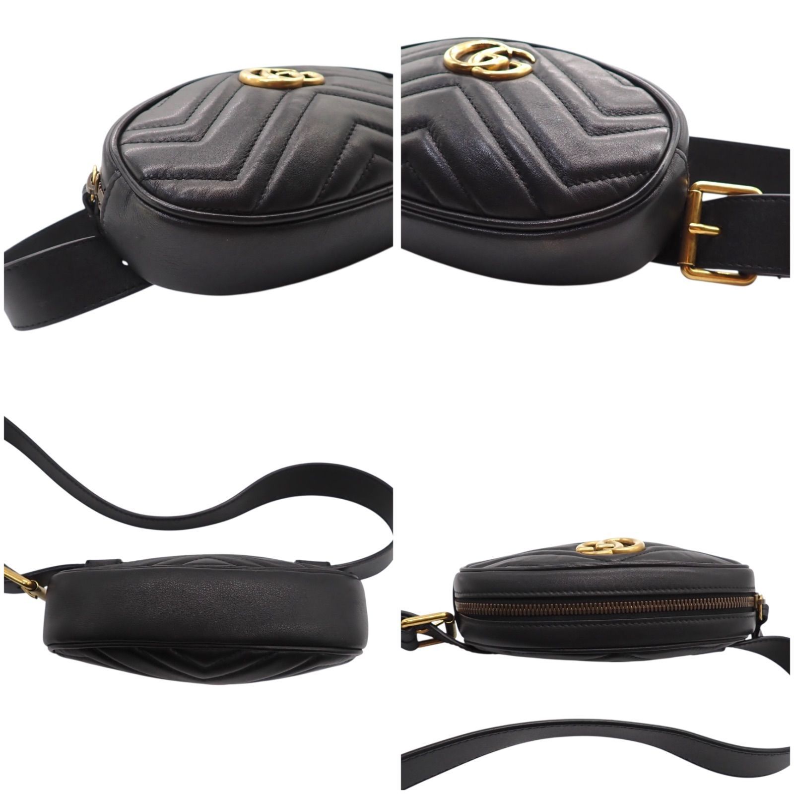 GUCCI グッチ GGマーモント レザー ウエストポーチ ブラック ゴールド