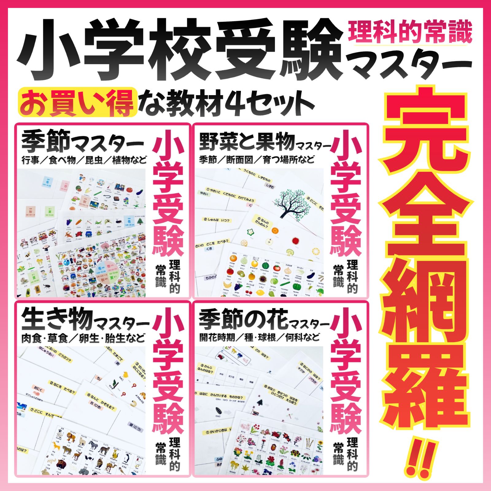 小学校受験マスター 教材セット 季節 野菜 動物 生き物 昆虫 花 理科的 