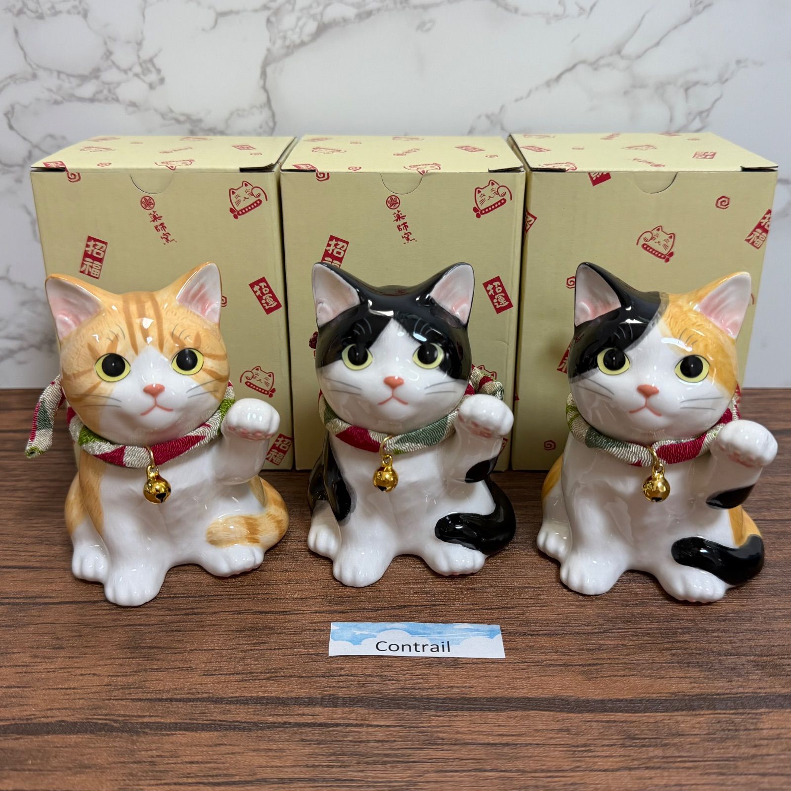 うちの招き猫 子猫 ぶち とら みけ セット 薬師窯 左手 千客万来 縁起物 置物 Yakushigama Maneki Neko Lucky Cat Kitten Set of 3 Cats
