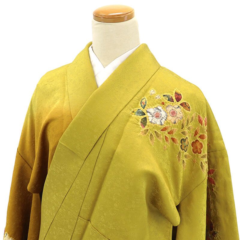振袖 桐屋 翠山工房 徳永憲峯 落款 正絹 黄色 金茶色 辻が花 豪華 身丈