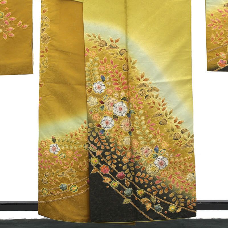 振袖 桐屋 翠山工房 徳永憲峯 落款 正絹 黄色 金茶色 辻が花 豪華 身丈