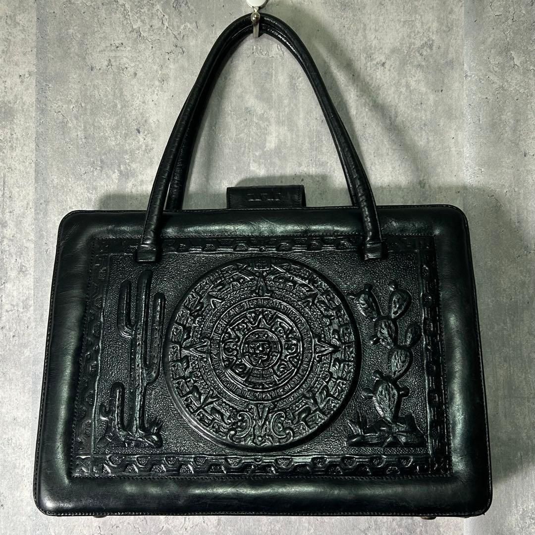 Mexican carving tribe square leather bag black vintage 希少 