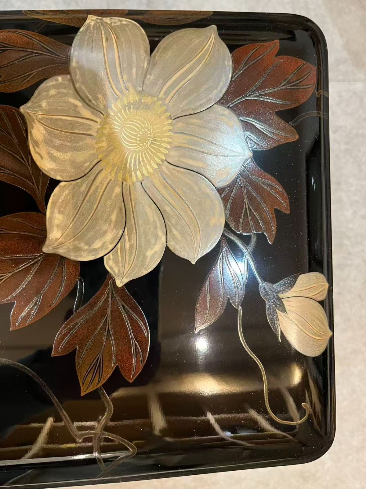 極美品】伝統工芸 漆器 文箱 蒔絵 螺鈿 大輪花 木箱付き 道具箱 书道箱