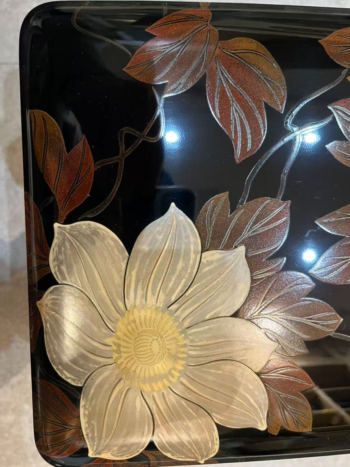 極美品】伝統工芸 漆器 文箱 蒔絵 螺鈿 大輪花 木箱付き 道具箱 书道箱