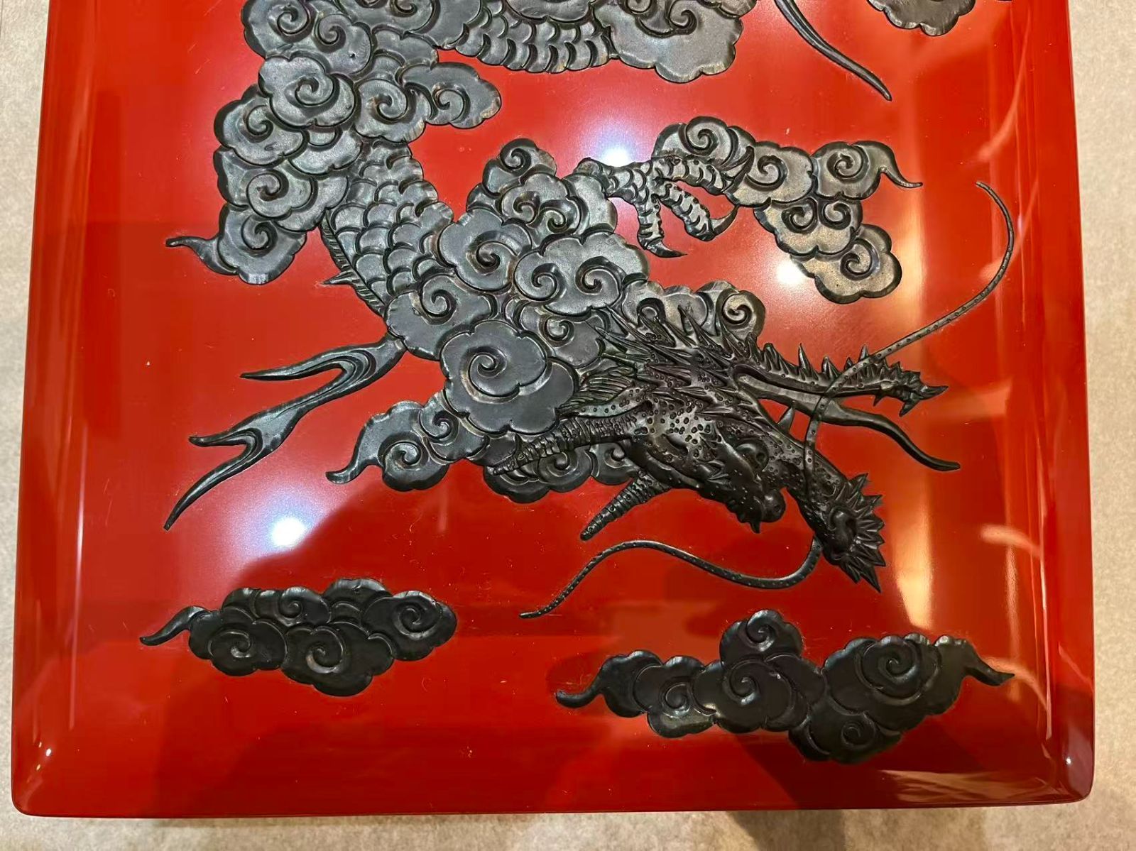 伝統工芸】琉球漆器 紅房 堆錦 雲龍文 漆塗 文庫箱 硯箱 美品 縁起物