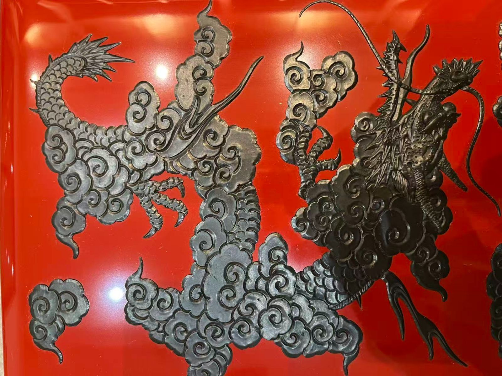 伝統工芸】琉球漆器 紅房 堆錦 雲龍文 漆塗 文庫箱 硯箱 美品 縁起物