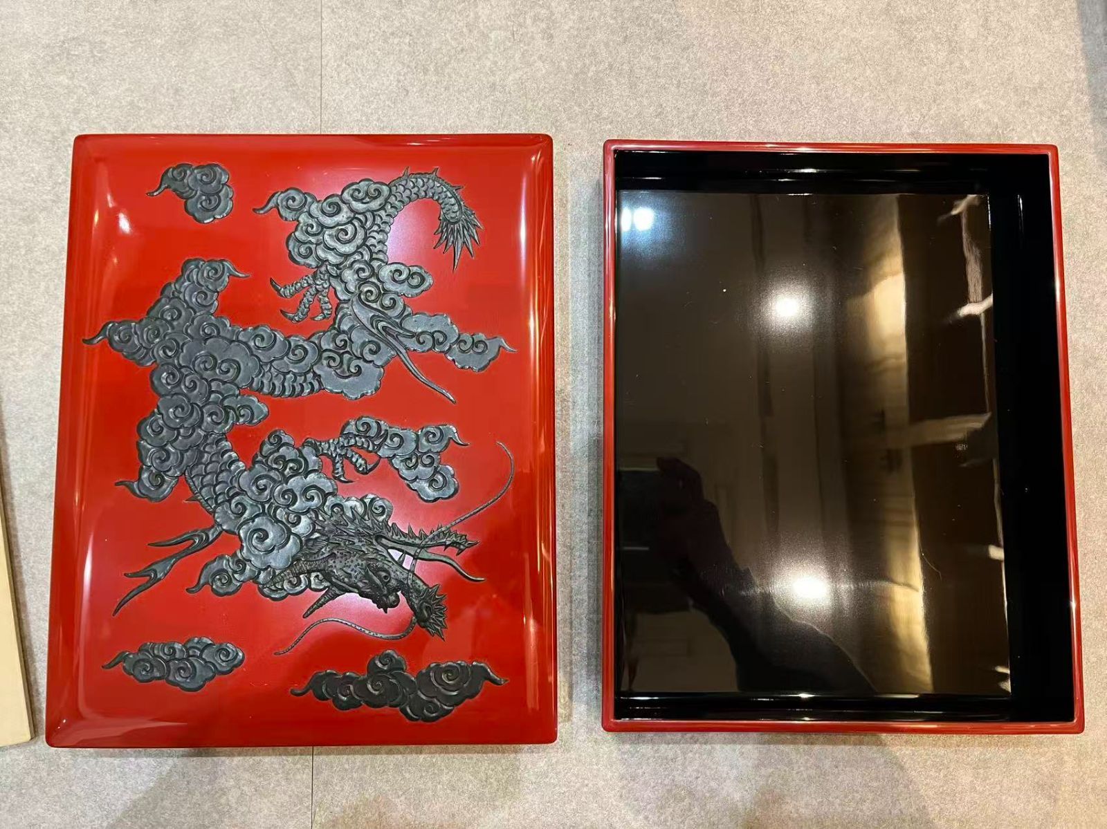 伝統工芸】琉球漆器 紅房 堆錦 雲龍文 漆塗 文庫箱 硯箱 美品 縁起物
