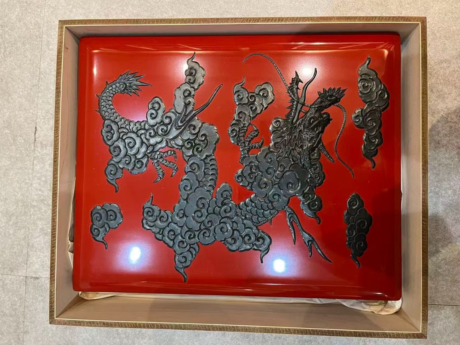 伝統工芸】琉球漆器 紅房 堆錦 雲龍文 漆塗 文庫箱 硯箱 美品 縁起物