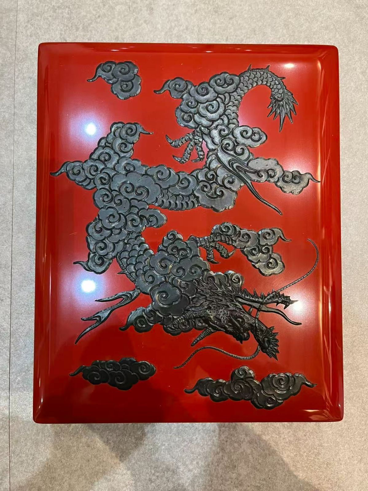 伝統工芸】琉球漆器 紅房 堆錦 雲龍文 漆塗 文庫箱 硯箱 美品 縁起物