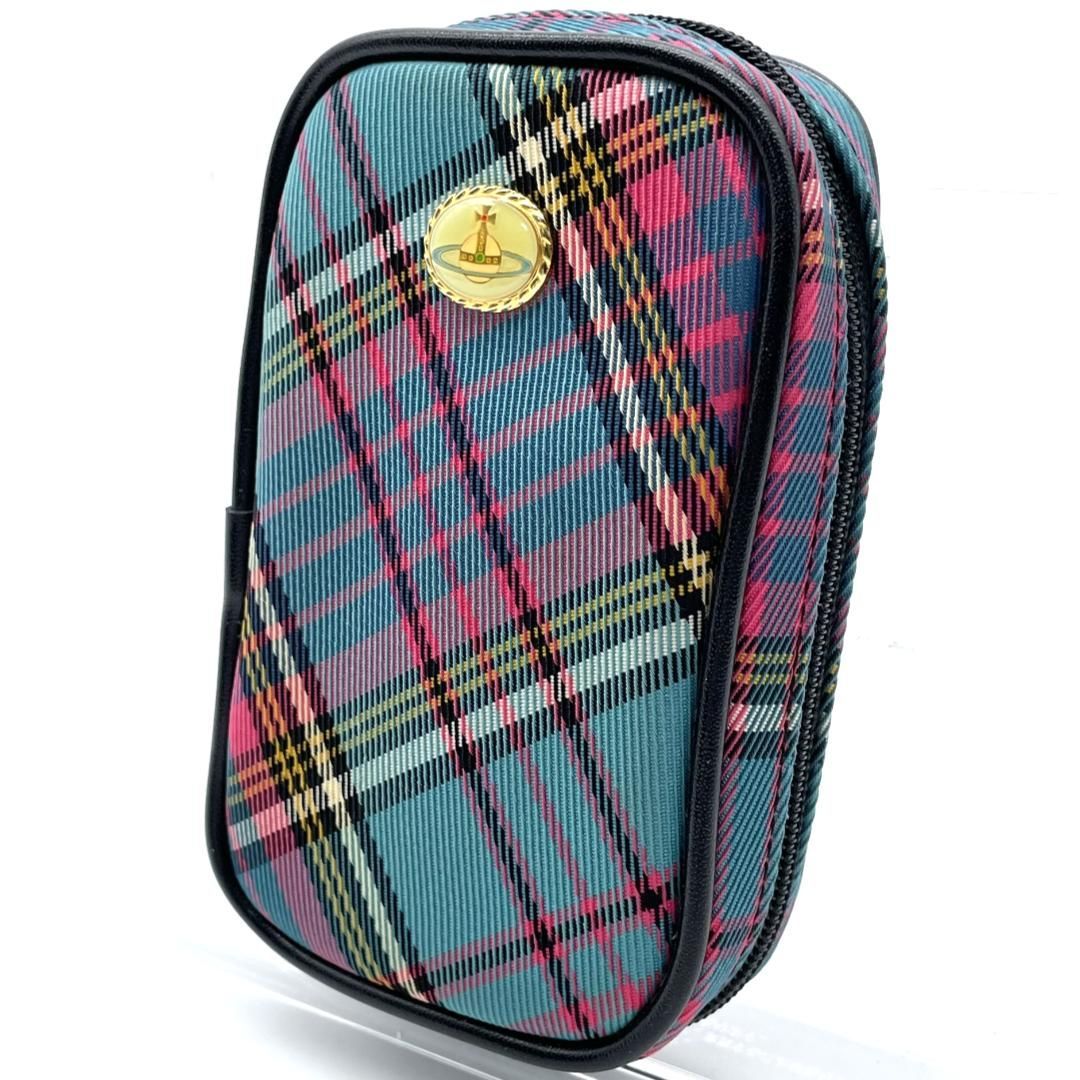 Vivienne Westwood ヴィヴィアンウエストウッド Y2K オーブ ラウンドジップ シガレットケース チェック柄 キャンバス ブルー レッド タータン 小物ポーチ タバコケース マルチケース レディース