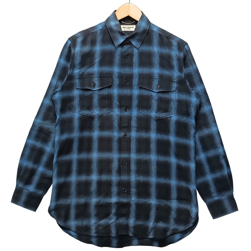 SAINT LAURENT ブルー系チェックネルシャツ サンローラン チェック 