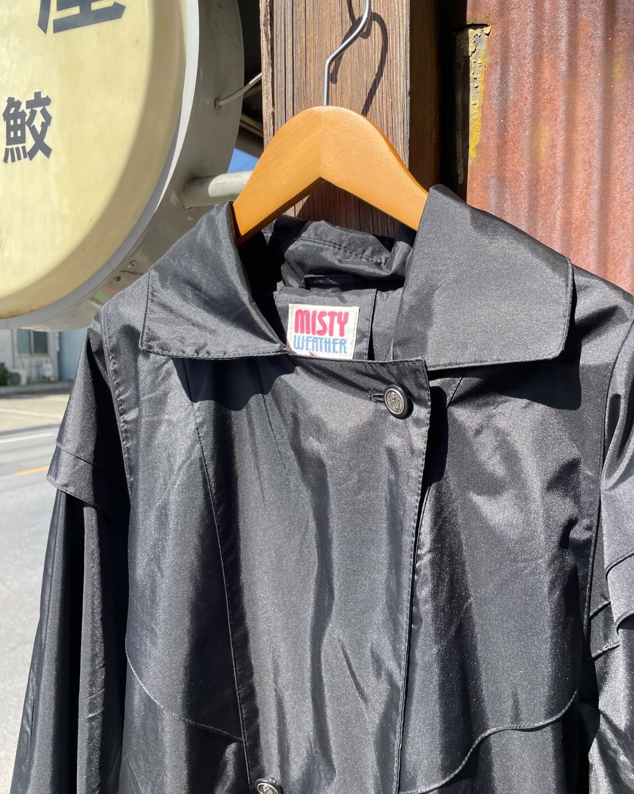 80s MISTY WEATHER ナイロン ロングトレンチコート（ブラック・着丈105cm） 写真4