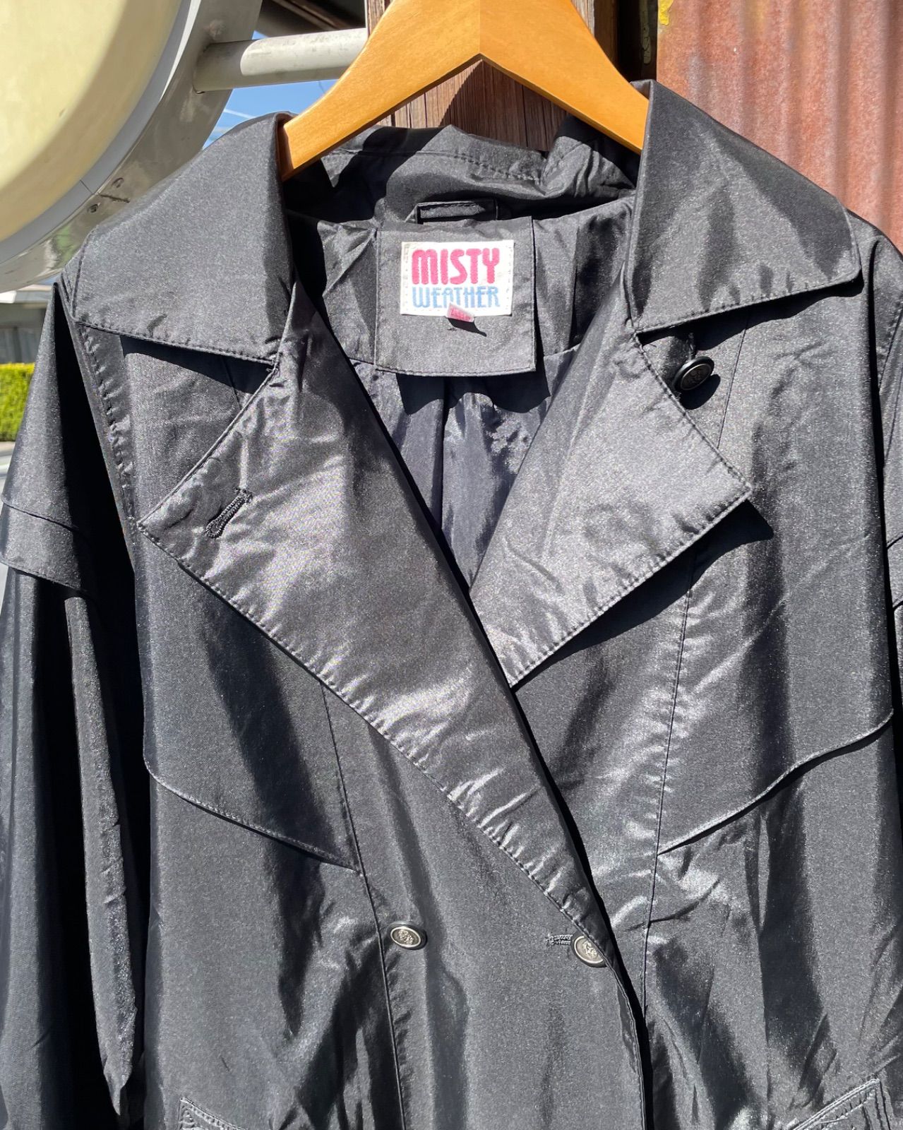 80s MISTY WEATHER ナイロン ロングトレンチコート（ブラック・着丈105cm） 写真2