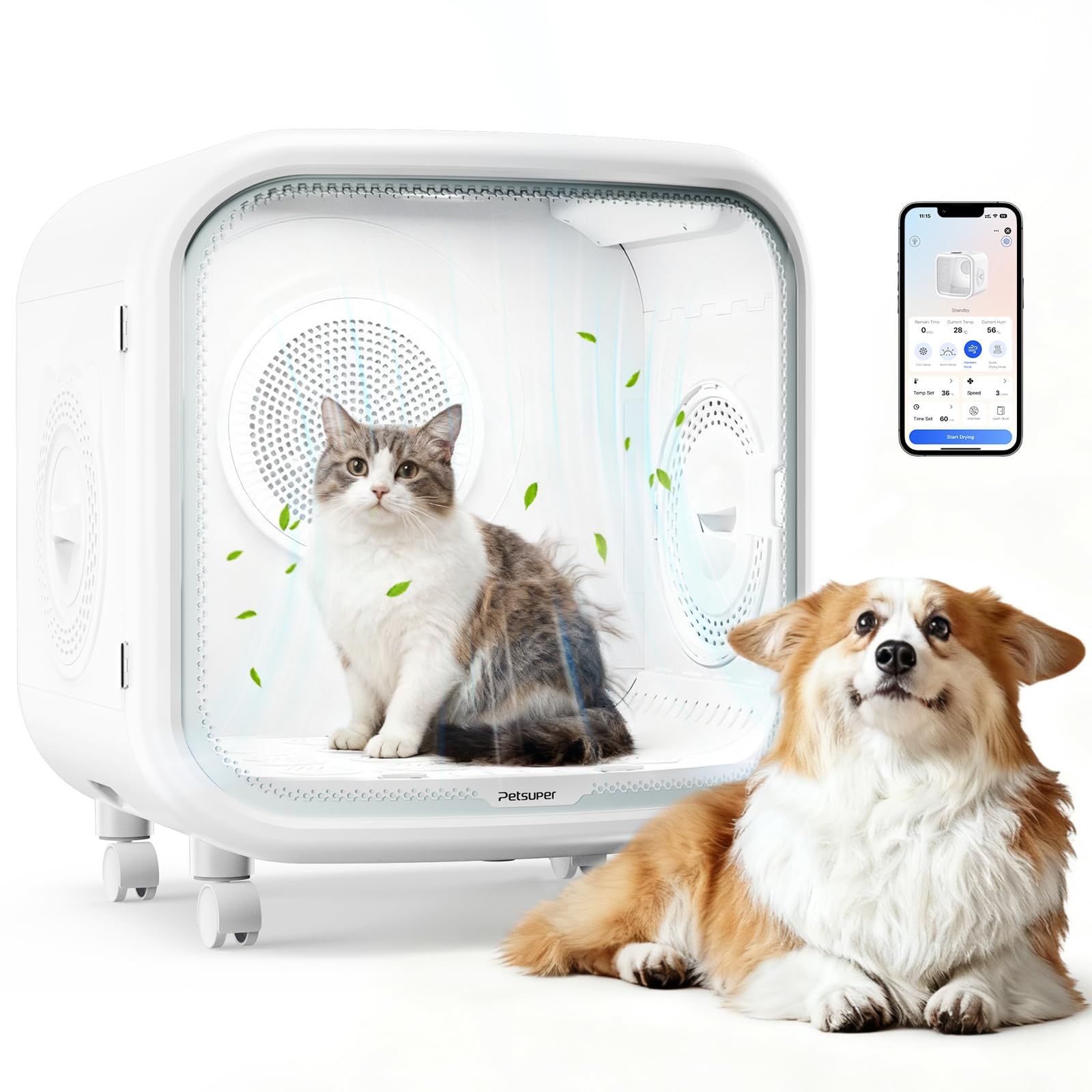 猫と小さな犬のための75L大型自動ペットドライヤーボックス - スマートな安全な温度と過熱保護を備えたアプリ制御、超静かなハンドフリー乾燥 - 複数のペットホームに最適ri