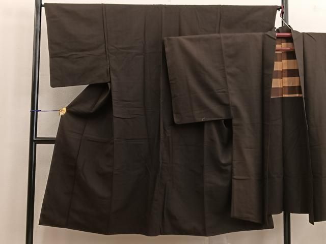 メンズ 平和屋着物○男性 紬 アンサンブル 色無地 憲法茶色 正絹 逸品