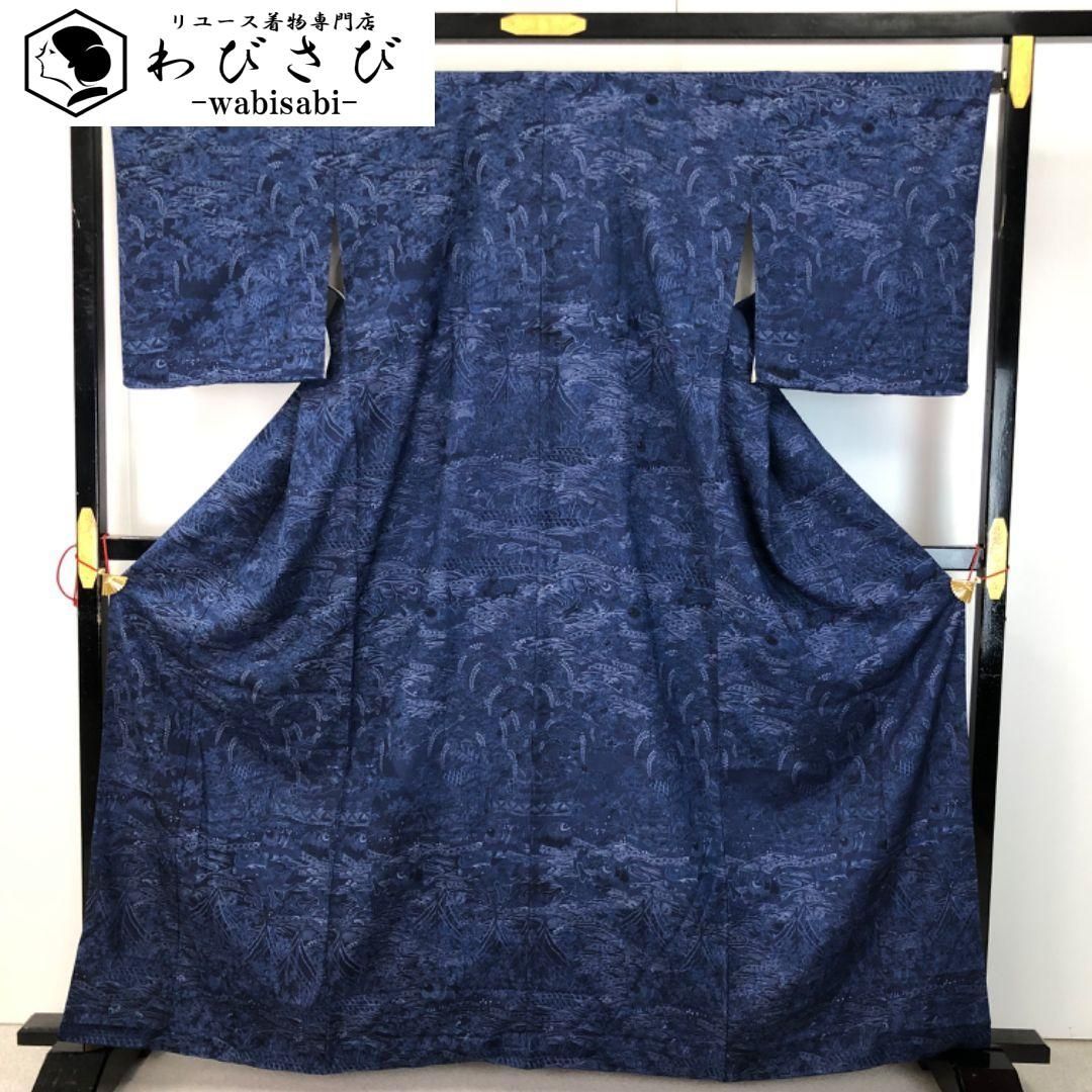 紬着物 鴛鴦 波 花模様 紺藍色 ふくよかサイズ K-5657 - メルカリ