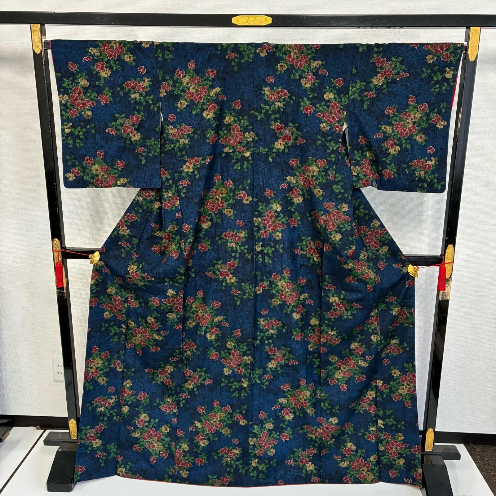 しつけ付き 浴衣 綿 着物 夏物 160裄63 本藍染 型染め 唐草 錦紬