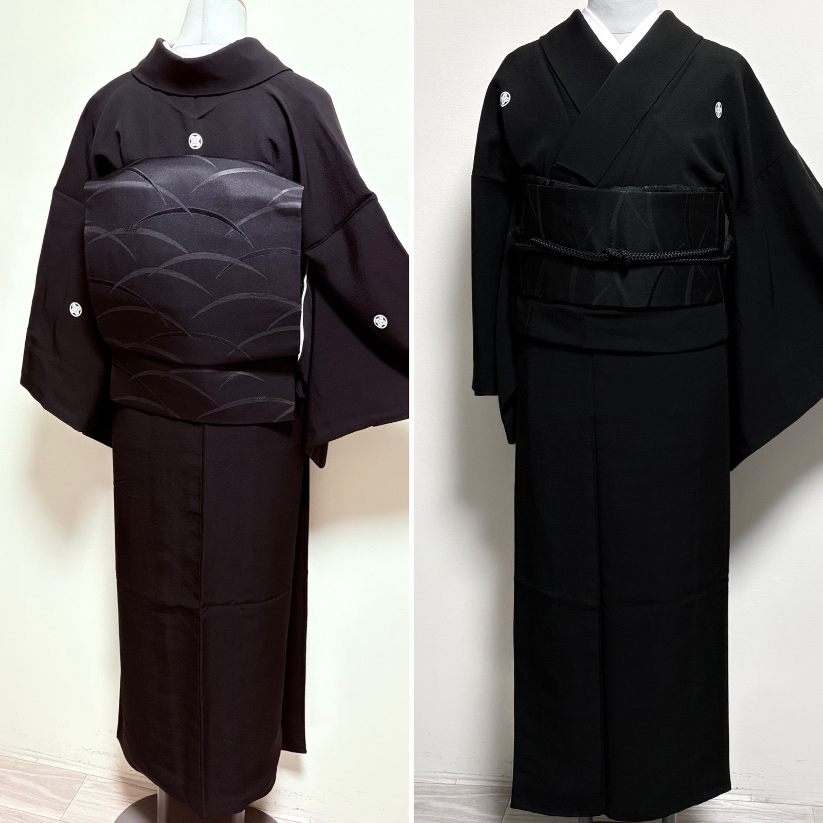 黒喪服セット】女性用黒紋付き・五つ紋・黒共名古屋帯・帯締め帯揚げ 