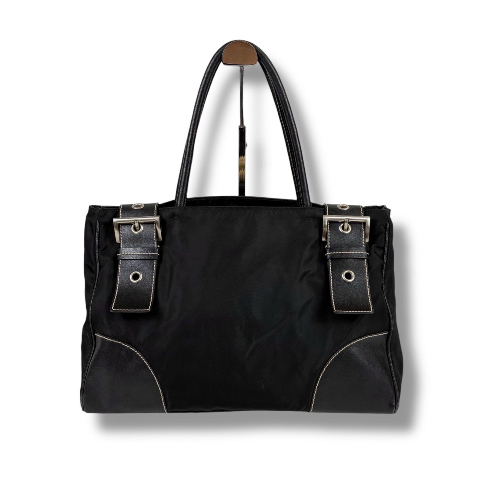 PRADA プラダ トライアングルロゴ レザーベルト トートバッグ ブラック