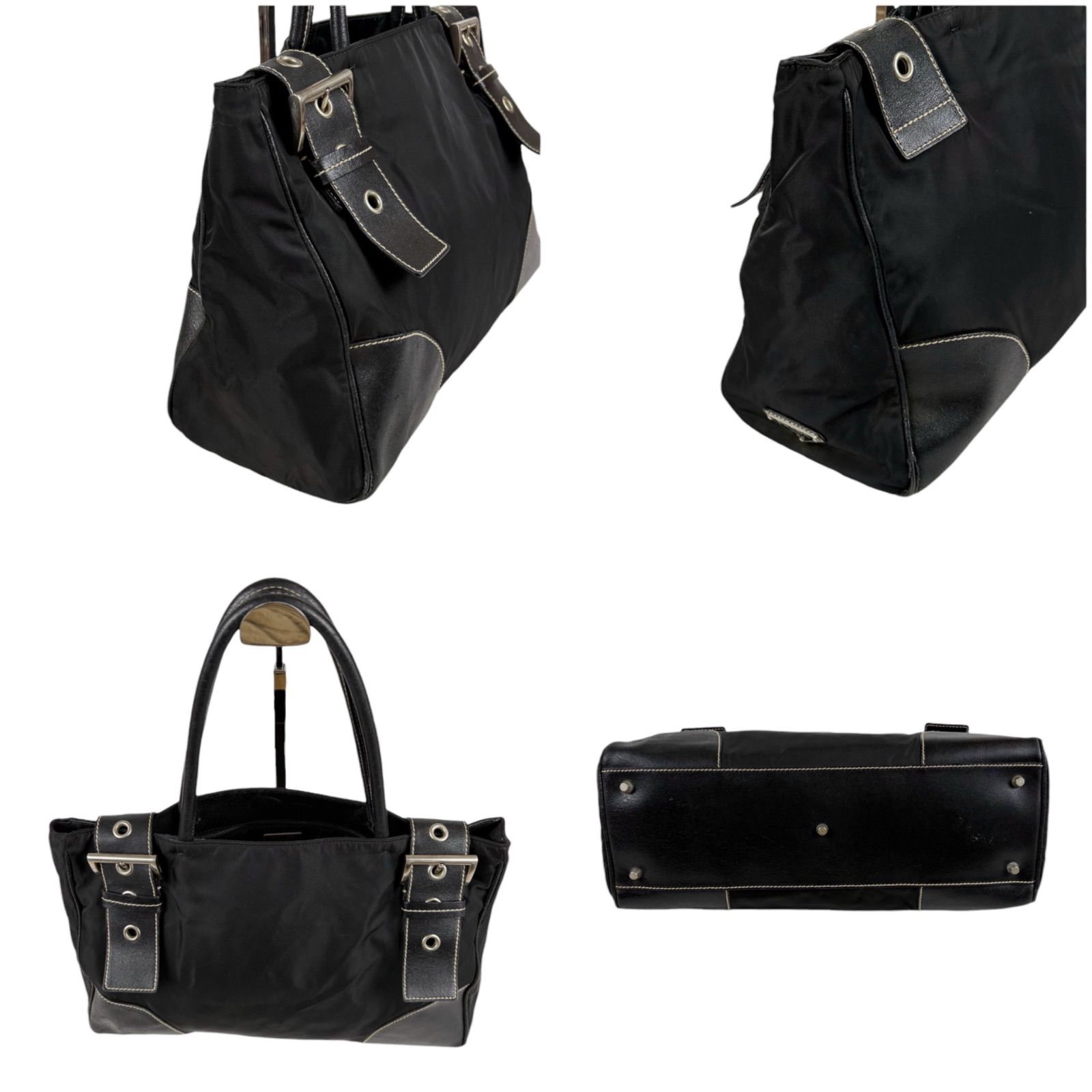 PRADA プラダ トライアングルロゴ レザーベルト トートバッグ ブラック 