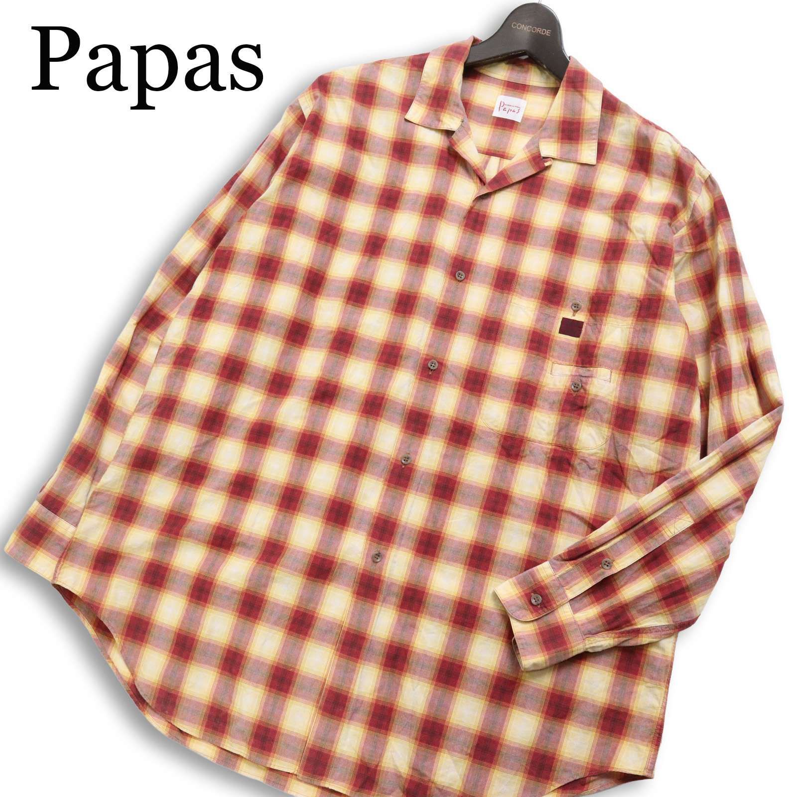 Papas パパス 通年 ゆったり☆ 長袖 チェック オープンカラー シャツ 