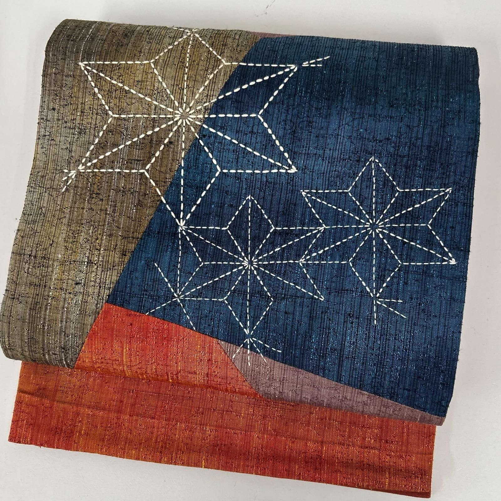 京袋帯 着物月花 刺し子刺繍 麻の葉文様 紬袋帯 お太鼓柄 正絹 ob8363 正絹