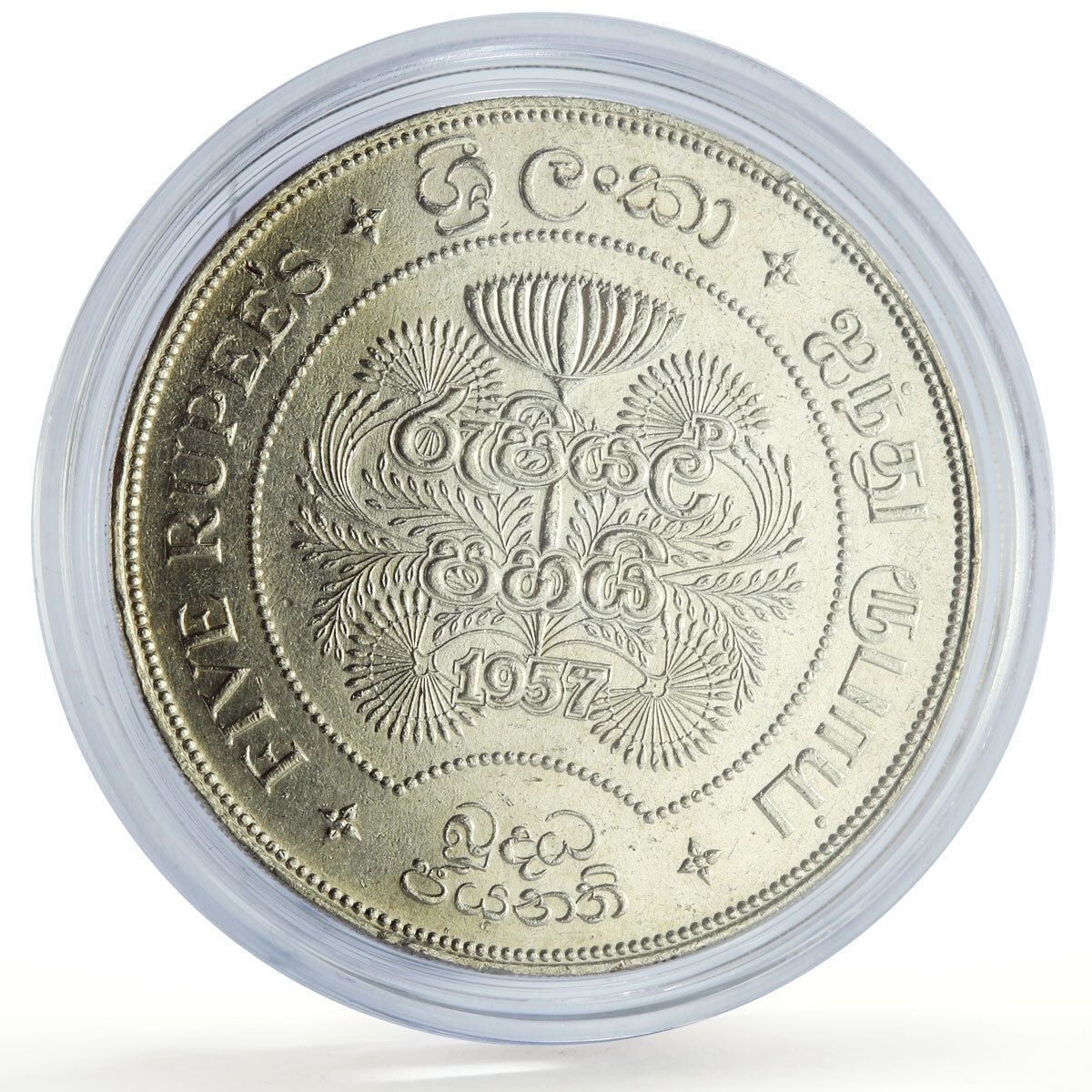 スリランカ セイロン 5ルピー 仏教 2500年 動物 宗教 銀貨 1957年 