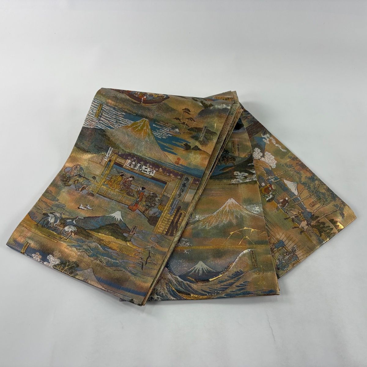 美品】 袋帯 名品 落款 全通全景図 24金プラチナ二重箔 富獄三十六景
