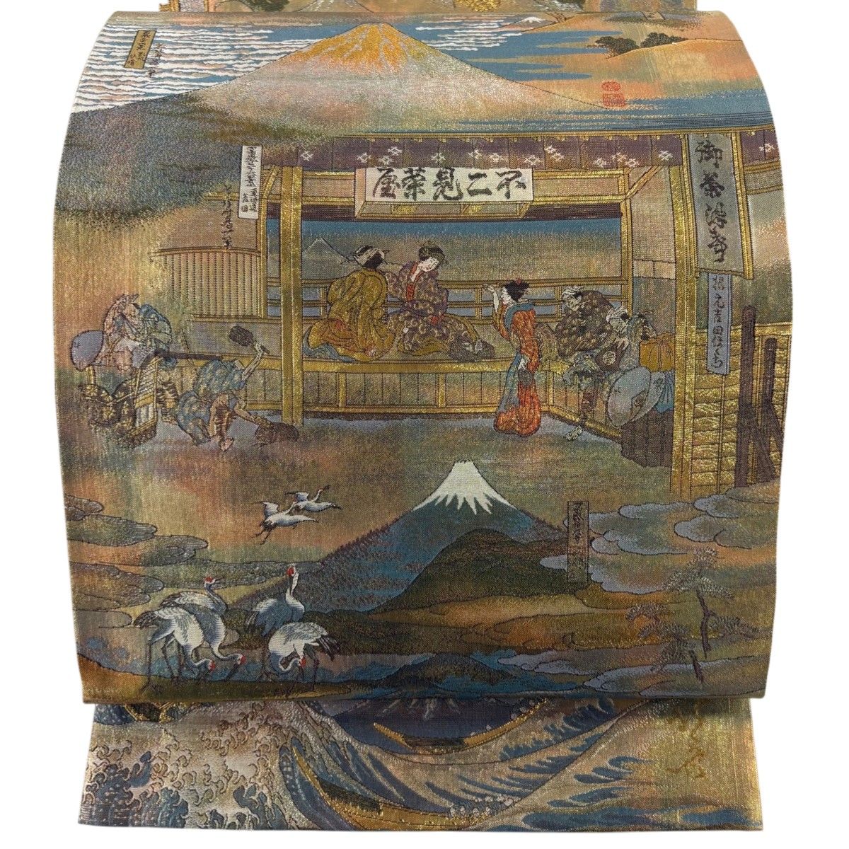 G38 两面全通袋帯 名品八種四百十八景 24K金プラチナ二重箔 茶綠色 正絹 美品】 袋帯 名品 落款 全通全景図 24金プラチナ二重箔 富獄三十六景