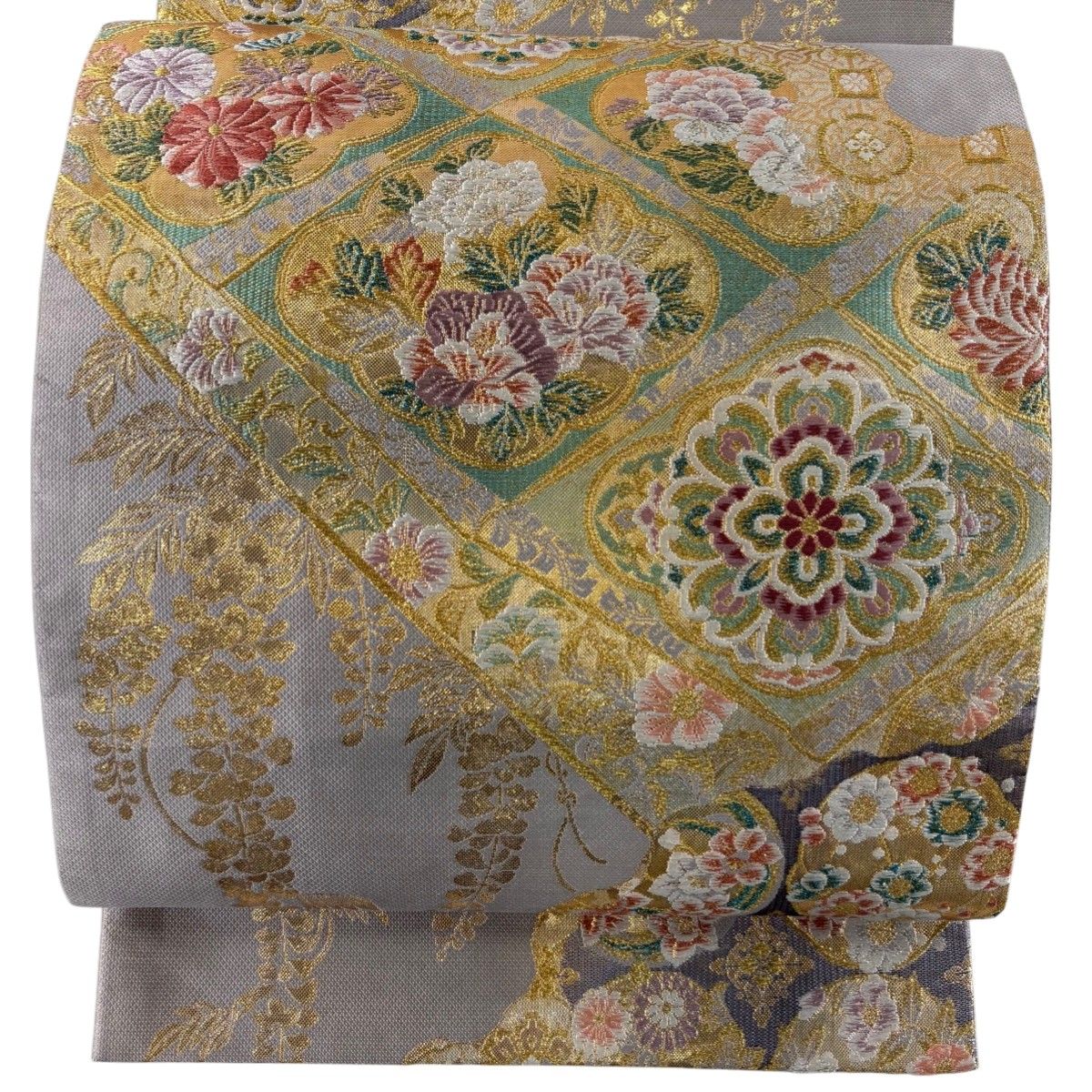 袋帯 美品 秀品 華文 横段 箔 金銀糸 金色 六通 正絹 【中古】