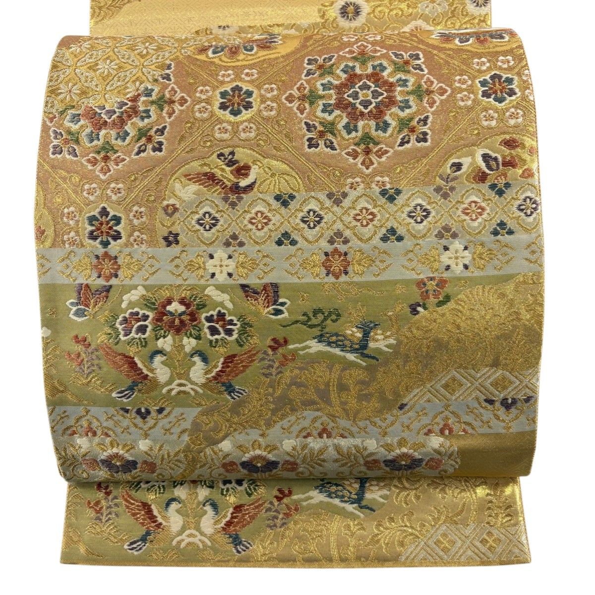 美品】 袋帯 名品 吉祥文様 鳥 箔 唐織 ベージュ 六通 正絹