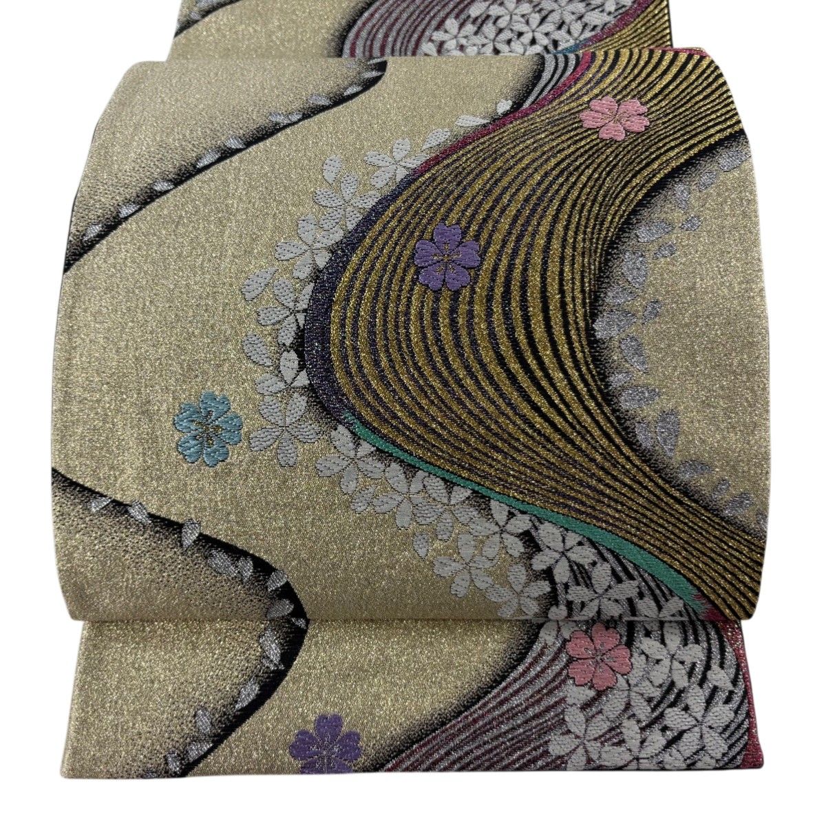 美品】 袋帯 秀品 振袖向き 桜 流水 箔 刺繍 ベージュ 六通 正絹 