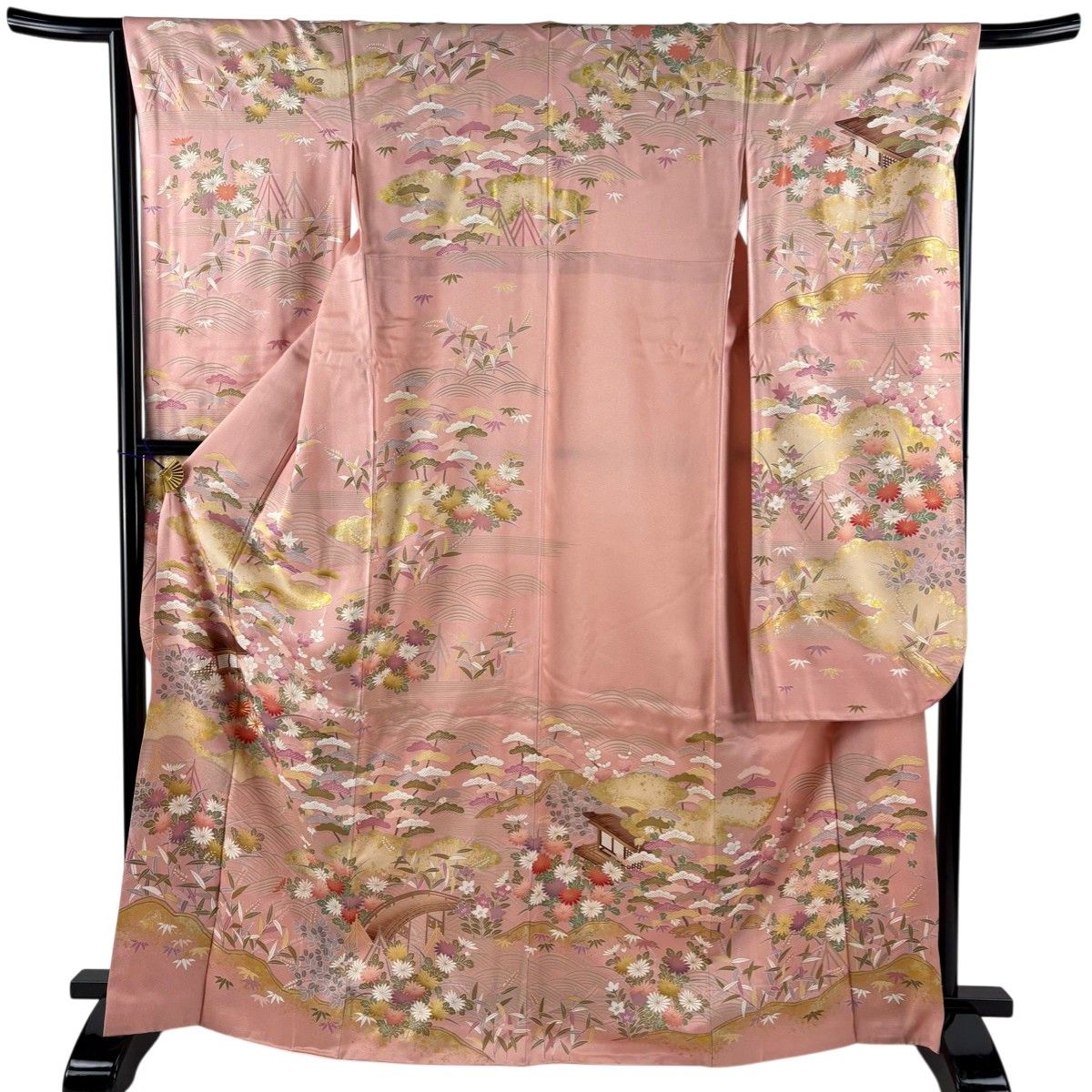 振袖 身丈165.5cm 裄丈65cm M 袷 宝尽くし 松竹梅 金彩 灰桜 正絹 秀品