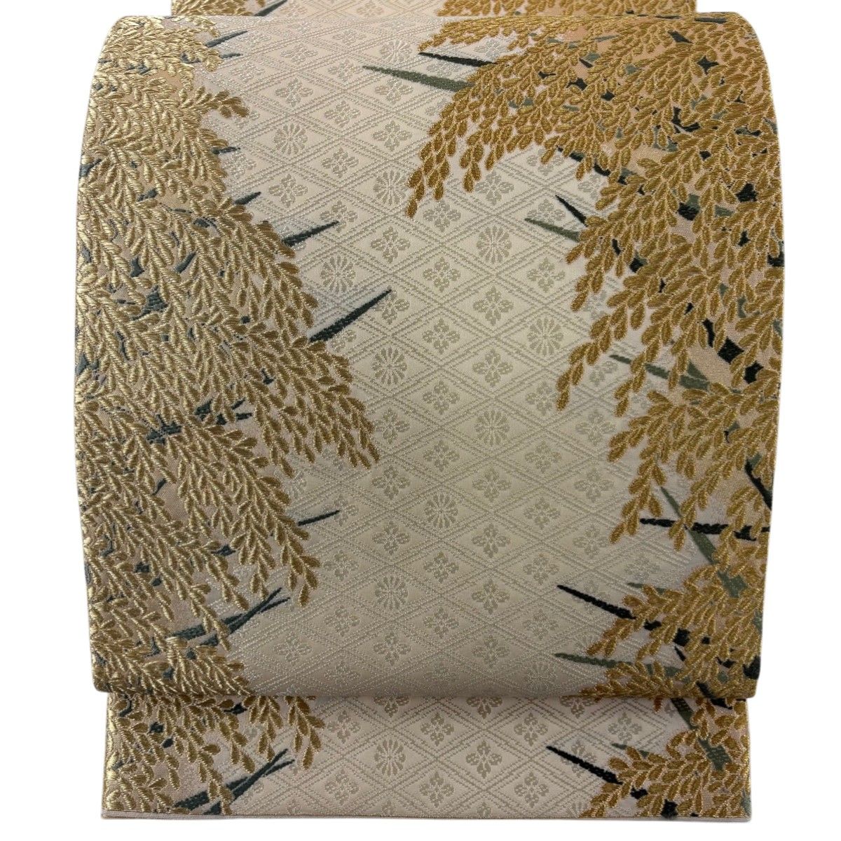 在庫一掃】 袋帯 美品 逸品 祥園 落款 市松 金銀糸 ベージュ 六通 正絹