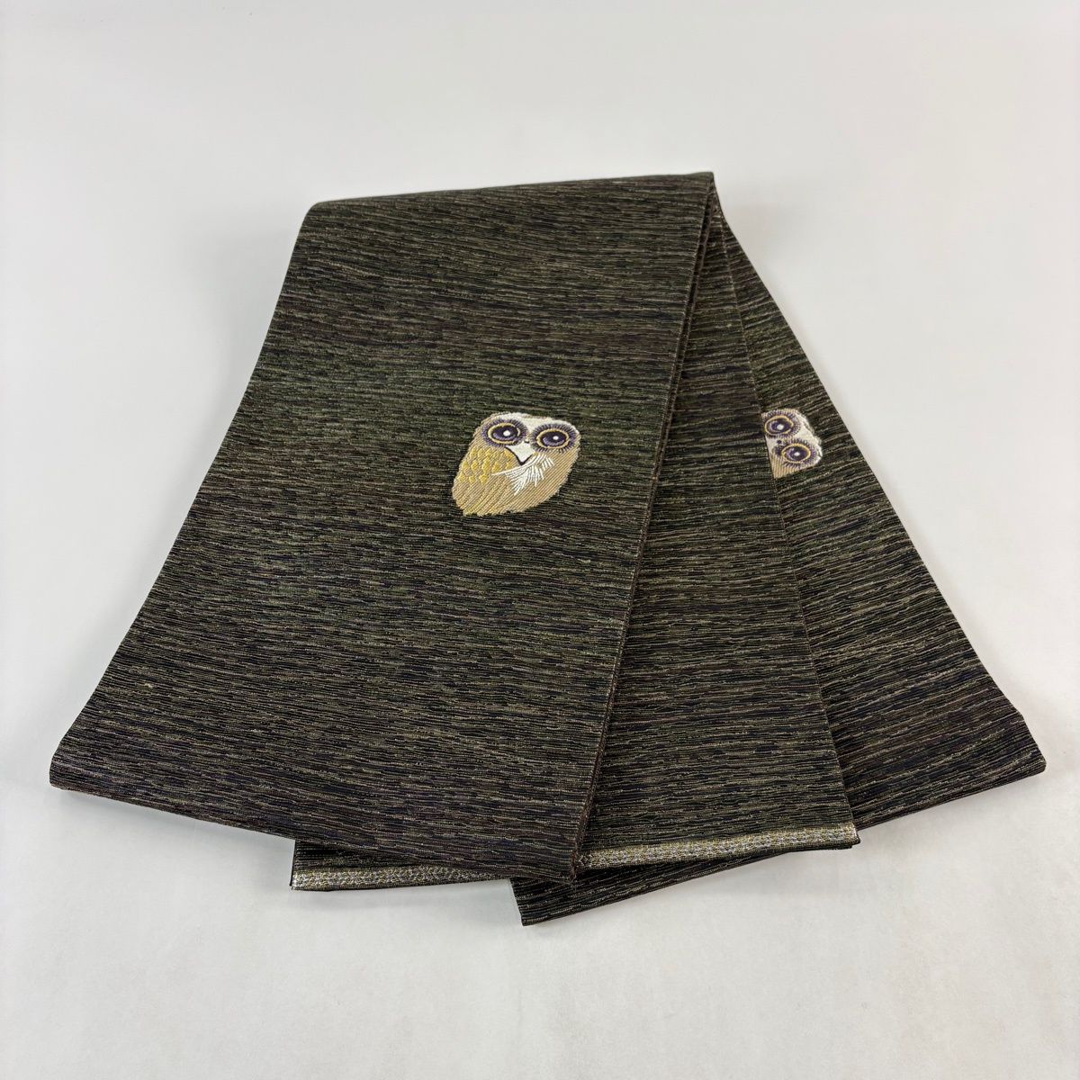 美品】 袋帯 逸品 誉田屋源兵衛 落款 夢雅 フクロウ 金糸 茶緑色 