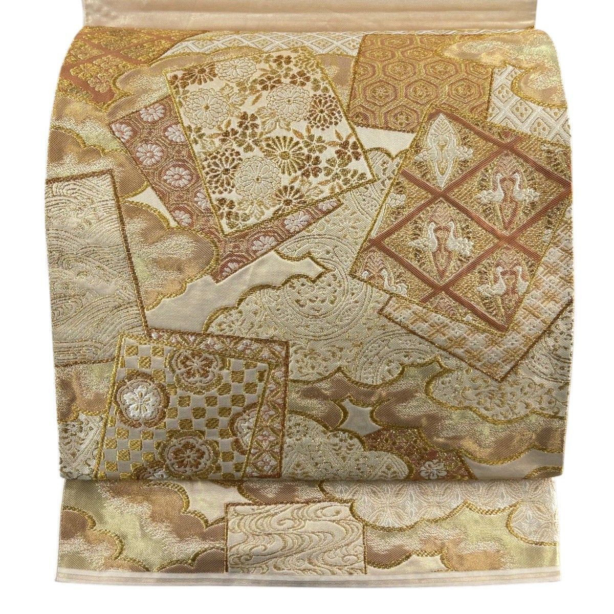 帯 【美品】 袋帯 逸品 河村織物 落款 雲取色紙重文 箔 金糸 金色 六