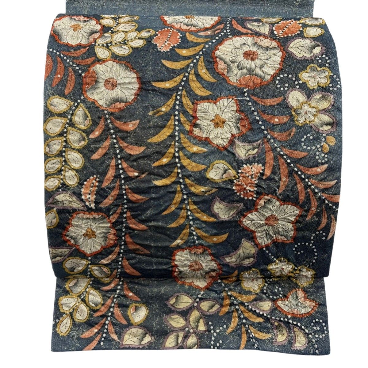 美品 袋帯 名品 落款 辻が花 金通し 箔 灰緑 お太鼓柄 正絹 中古 【美