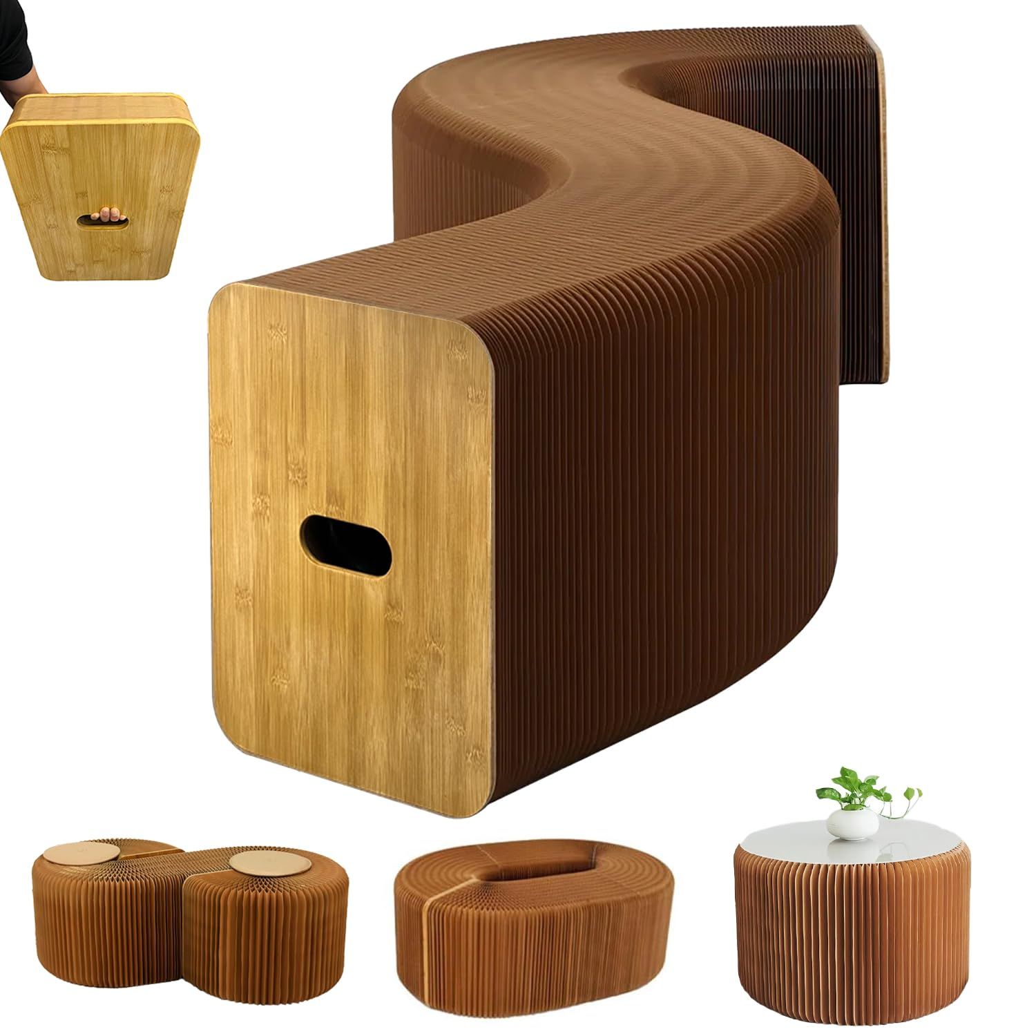 アコーディオン 紙椅子 ペーパーベンチ 折りたたみ式 クラフト紙 スツール ペーパースツール 伸縮 持ち運び ギャラリー|休憩室|リビングルーム|展示ホール|ビジネスシナリオ用 省スペース収納 ブラウン-高さ42cm 長さ1.5m 革 0c3b126e